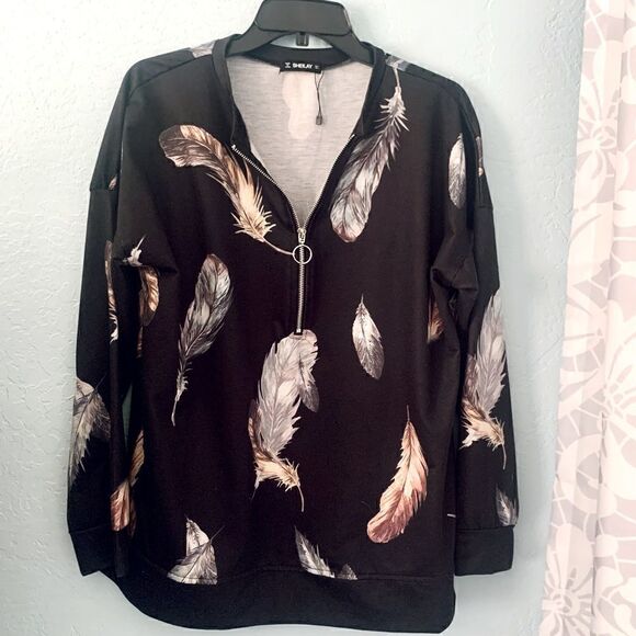 Sheilay Black Feather Print Pullover Sweatshirt Size Large - Picture 3 of 8